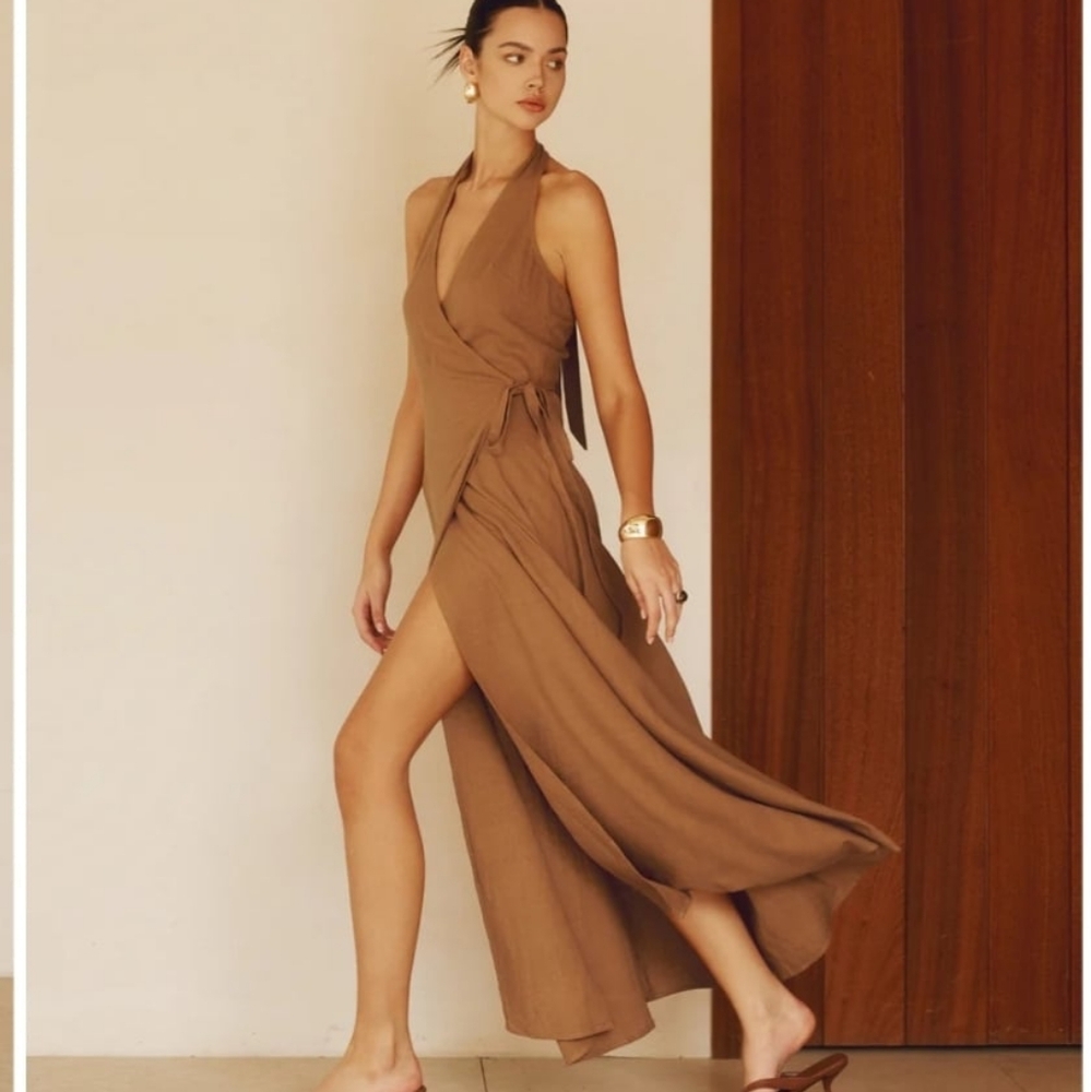 Cotton & Linen Wrap Halter Knotted Long Dress